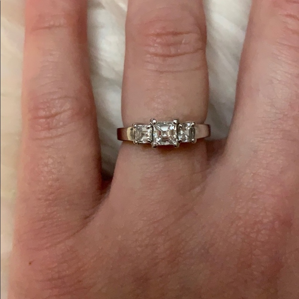 14k White Gold 3 Asscher Cut Diamond Ring